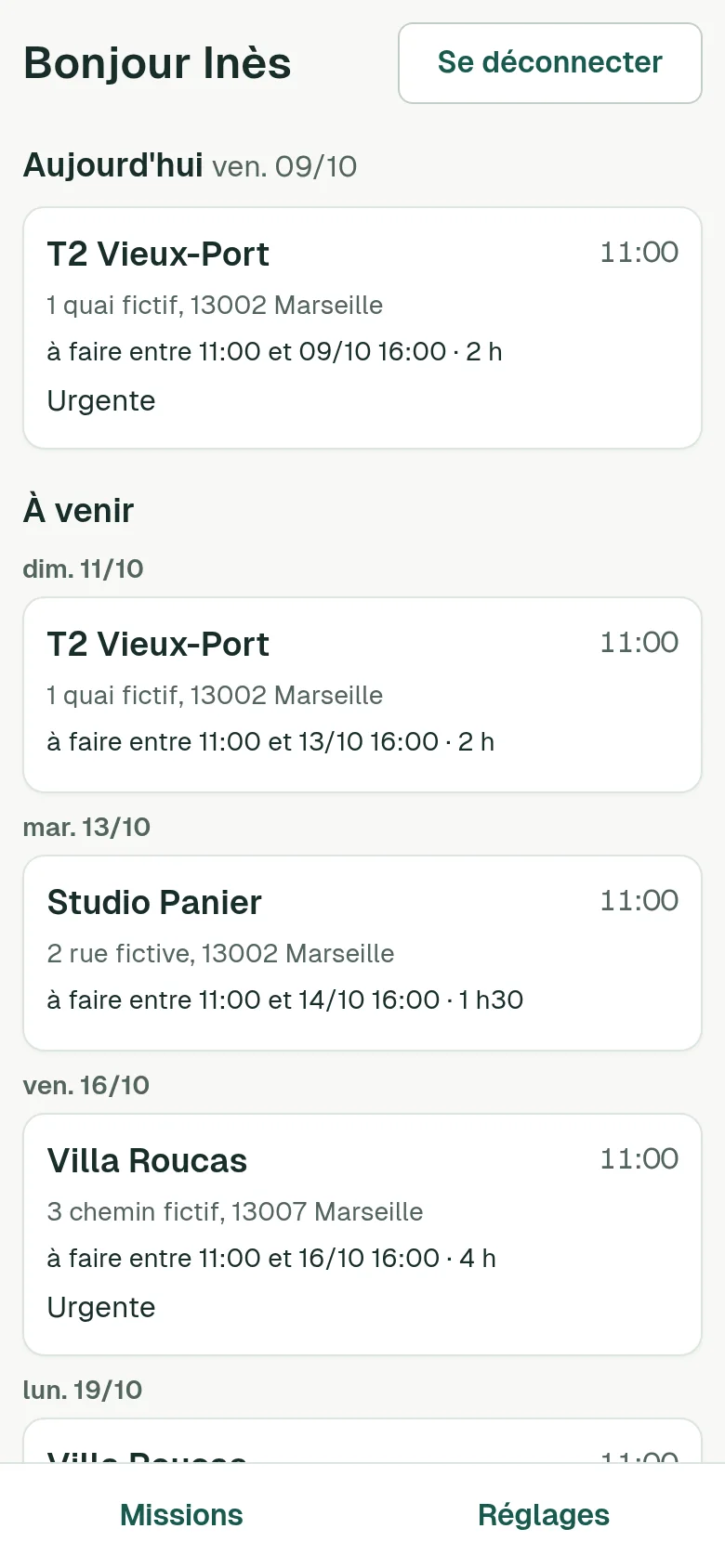 Écran de l’application d’un agent sur téléphone : ses missions du jour et à venir.